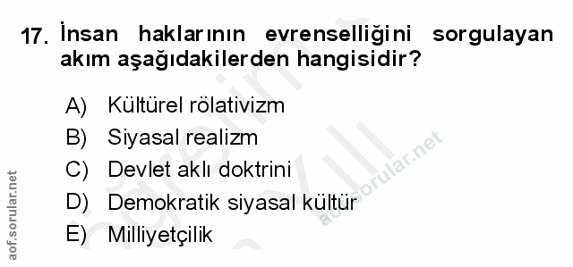 17. soru: Insan haklarının evrenselliğini sorgulayan akım aşağıdakilerden hangisidir? A) Kültürel rölativizm B) Siyasal realizm…
