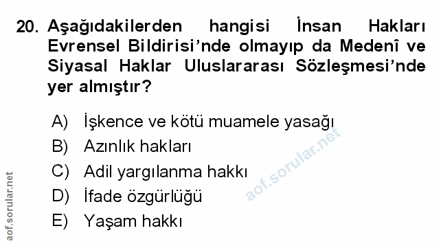 20. soru: Aşağıdakilerden hangisi Insan Hakları Evrensel Bildirisi'nde olmayıp da Medenî ve Siyasal Haklar Uluslararası Sozleşm…