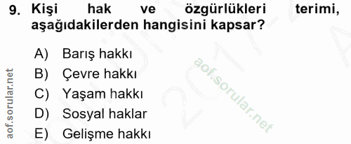 9. soru: Kişi hak ve özgürlükleri terimi, aşağıdakilerden hangisini kapsar? A) Barış hakkı B) Çevre hakkı C) Yaşam hakkı D) So…