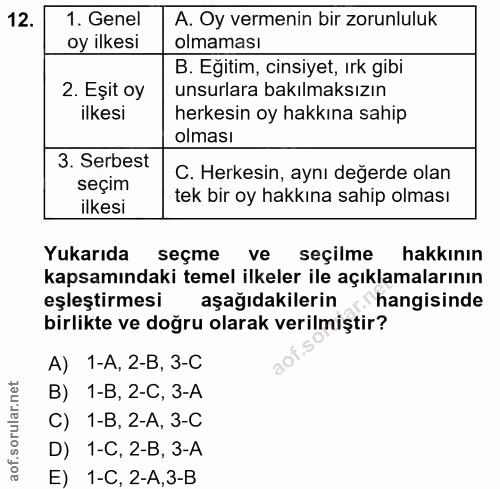 12. soru: 1. Genel A. Oy vermenin bir zorunluluk oy ilkesi olmaması B. Eğitim, cinsiyet, ırk gibi 2. Eşit oy unsurlara bakılmak…