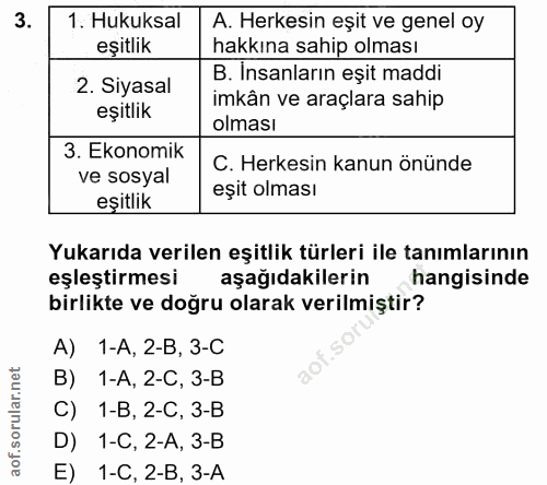 3. soru: Hukuksal A. Herkesin eşit ve genel oy eşitlik hakkına sahip olması 2. Siyasal B. İnsanların eşit maddi eşitlik imkân…
