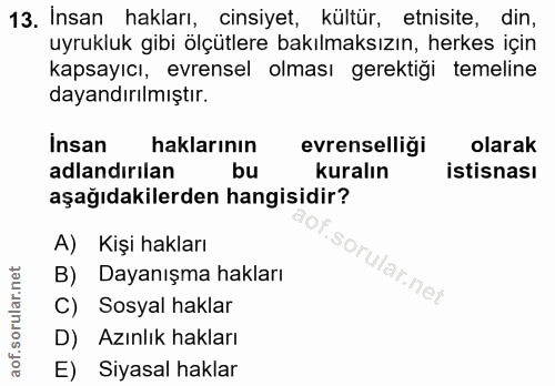 13. soru: Insan hakları, cinsiyet, kültür, etnisite, din, uyrukluk gibi ölçütlere bakılmaksızın, herkes için kapsayıcı, evrense…