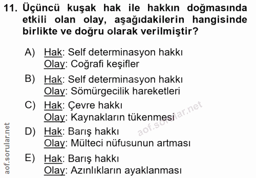 11. soru: Uçüncü kuşak hak ile hakkın doğmasında etkili olan olay, aşağıdakilerin hangisinde birlikte ve doğru olarak verilmişt…