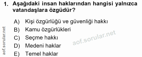 1. soru: Aşağıdaki insan haklarından hangisi yalnızca vatandaşlara özgüdür? A) Kişi özgürlüğü ve güvenliği hakkı B) Kamu özgür…