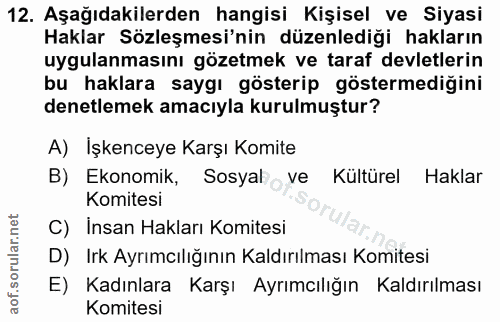 12. soru: Aşağıdakilerden hangisi Kişisel ve Siyasi Haklar Sözleşmesi'nin düzenlediği hakların uygulanmasını gözetmek ve taraf…