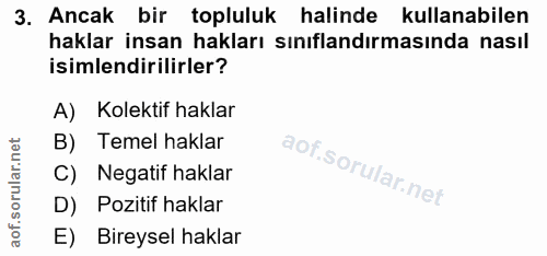 3. soru: Ancak bir topluluk halinde kullanabilen haklar insan hakları sınıflandırmasında nasıl isimlendirilirler? A) Kolektif…