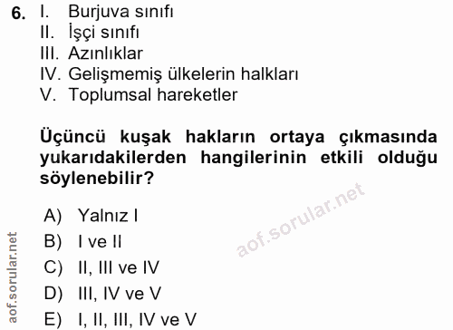 6. soru: 1. Burjuva sınıfı II. İşçi sınıfı IlI. Azınlıklar IV. Gelişmemiş ülkelerin halkları V. Toplumsal hareketler Üçüncü ku…