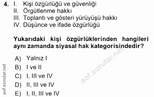 4. soru: I. Kişi özgürlüğü ve güvenliği II. Örgütlenme hakkı IlI. Toplantı ve gösteri yürüyüşü hakkı IV. Düşünce ve ifade özgü…