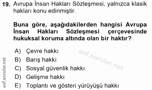 19. soru: Avrupa İnsan Hakları Sözleşmesi, yalnızca klasik hakları konu edinmiştir. Buna göre, aşağıdakilerden hangisi Avrupa İ…