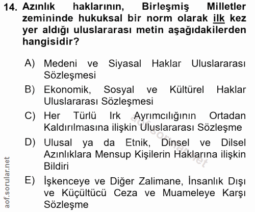14. soru: Azınlık haklarının, Birleşmiş Milletler zemininde hukuksal bir norm olarak ilk kez yer aldığı uluslararası metin aşağ…