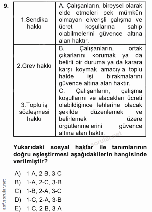 9. soru: A. Çalışanların, bireysel olarak elde etmeleri pek mümkün 1 .Sendika olmayan elverişli çalışma ve hakkı ücret koşulla…