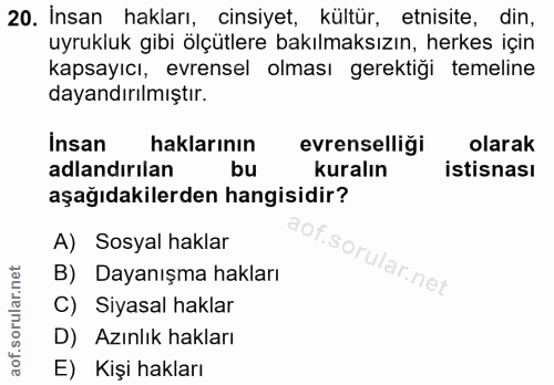 20. soru: İnsan hakları, cinsiyet, kültür, etnisite, din, uyrukluk gibi ölçütlere bakılmaksızın, herkes için kapsayıcı, evrense…