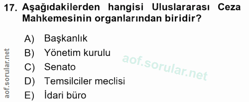 17. soru: Aşağıdakilerden hangisi Uluslararası Ceza Mahkemesinin organlarından biridir? A) Başkanlık B) Yönetim kurulu Senato D…