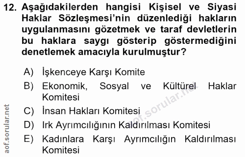 12. soru: Aşağıdakilerden hangisi Kişisel ve Siyasi Haklar Sözleşmesi'nin düzenlediği hakların uygulanmasını gözetmek ve taraf…