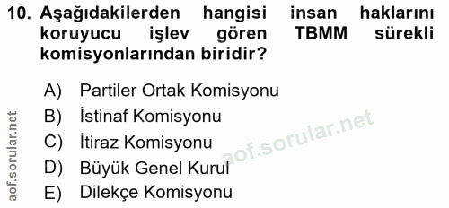 10. soru: Aşağıdakilerden hangisi insan haklarını koruyucu işlev gören TBMM sürekli komisyonlarından biridir? A) Partiler Ortak…