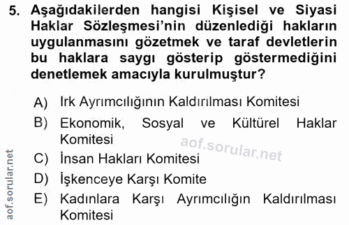 5. soru: Aşağıdakilerden hangisi Kişisel ve Siyasi Haklar Sözleşmesi'nin düzenlediği hakların uygulanmasını gözetmek ve taraf…