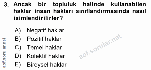 3. soru: Ancak bir topluluk halinde kullanabilen haklar insan hakları sınıflandırmasında nasıl isimlendirilirler? A) Negatif h…