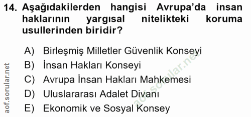 14. soru: Aşağıdakilerden hangisi Avrupa'da insan haklarının yargısal nitelikteki koruma usullerinden biridir? A) Birleşmiş Mil…