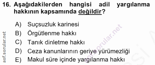 16. soru: Aşağıdakilerden hangisi adil yargılanma hakkının kapsamında değildir? A) Suçsuzluk karinesi B) Örgütlenme hakkı ar.ne…