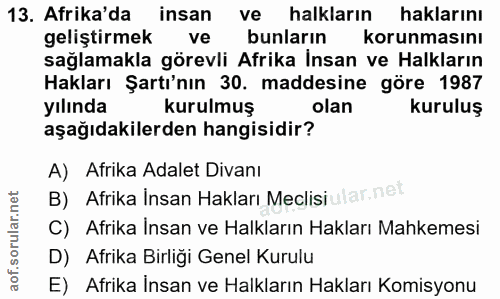 13. soru: Afrika'da insan ve halkların haklarını geliştirmek ve bunların korunmasını sağlamakla görevli Afrika İnsan ve Halklar…