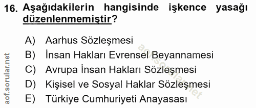 16. soru: Aşağıdakilerin hangisinde işkence yasağı düzenlenmemiştir? A) Aarhus Sözleşmesi B) Insan Hakları Evrensel Beyannamesi…