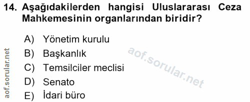 14. soru: Aşağıdakilerden hangisi Uluslararası Ceza Mahkemesinin organlarından biridir? A) Yönetim kurulu B) Başkanlık C) Temsi…