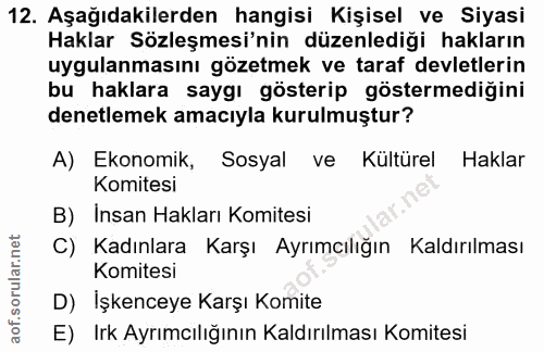 12. soru: Aşağıdakilerden hangisi Kişisel ve Siyasi Haklar Sözleşmesi'nin düzenlediği hakların uygulanmasını gözetmek ve taraf…