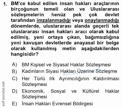 1. soru: BM'ce kabul edilen insan hakları araçlarının birçoğunun temeli olan ve Uluslararası sözleşmelerin henüz pek çok devle…