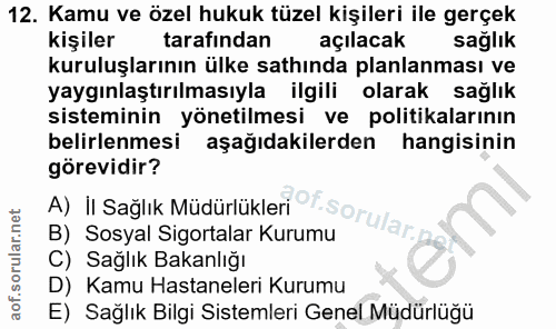12. soru: Kamu ve özel hukuk tüzel kişileri ile gerçek kişiler tarafından açılacak sağlık kuruluşlarının ülke sathında planlanm…