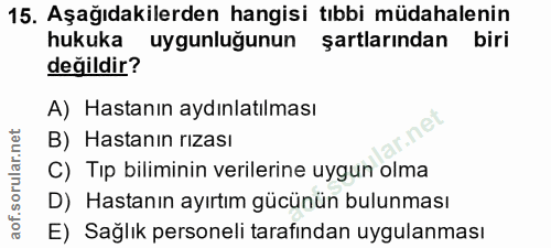15. soru: Aşağıdakilerden hangisi tıbbi müdahalenin hukuka uygunluğunun şartlarından • biri değildir? A) Hastanın aydınlatılmas…