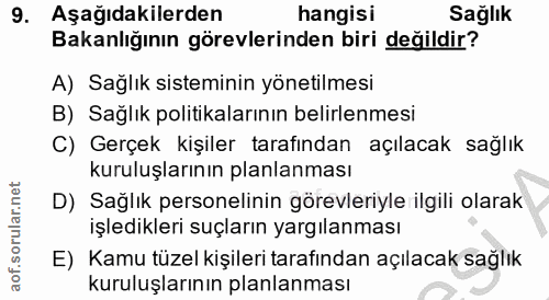 9. soru: Aşağıdakilerden hangisi Sağlık Bakanlığının görevlerinden biri değildir? A) Sağlık sisteminin yönetilmesi B) Sağlık p…