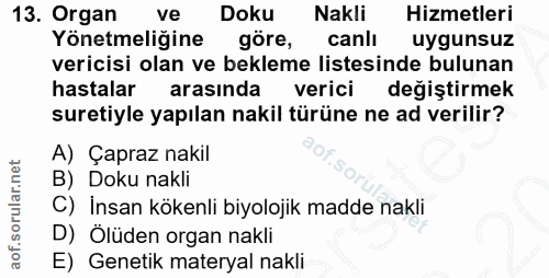 13. soru: Organ ve Doku Nakli Hizmetleri Yönetmeliğine göre, canli uygunsuz vericisi olan ve bekleme listesinde bulunan hastala…