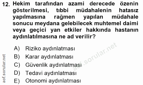 12. soru: Hekim tarafından azami derecede özenin gösterilmesi, tıbbi müdahalenin hatasız yapılmasına rağmen yapılan müdahale so…