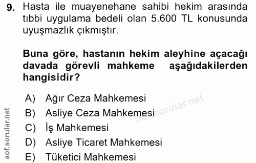 9. soru: Hasta ile muayenehane sahibi hekim arasında tıbbi uygulama bedeli olan 5.600 TL konusunda uyuşmazlık çıkmıştır. Buna…