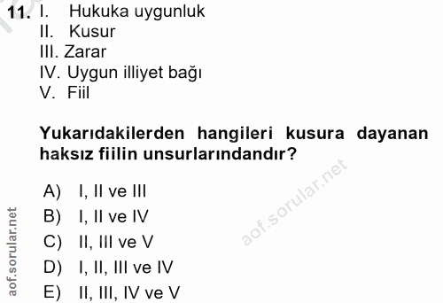 11. soru: I. Hukuka uygunluk Il. Kusur III. Zarar IV. Uygun illiyet bağı V. Fiil Yukarıdakilerden hangileri kusura dayanan haks…