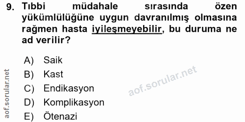 9. soru: Tıbbi müdahale sirasinda özen yükümlülüğüne uygun davranılmış olmasına rağmen hasta iyileşmeyebilir, bu duruma ne ad…