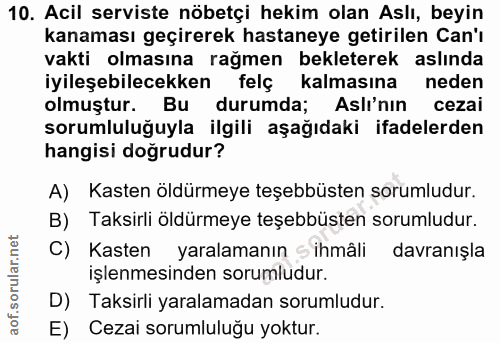 10. soru: Acil serviste nöbetçi hekim olan Aslı, beyin kanaması geçirerek hastaneye getirilen Can'ı vakti olmasına rağmen bekle…