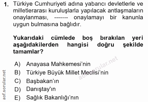 1. soru: Türkiye Cumhuriyeti adına yabancı devletlerle ve milletlerarası kuruluşlarla yapılacak antlaşmaların onaylanması, - o…