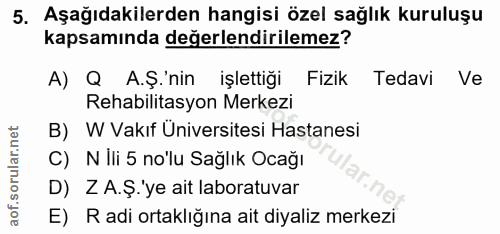 5. soru: Aşağıdakilerden hangisi özel sağlık kuruluşu kapsamında değerlendirilemez? A) Q A.Ş.'nin işlettiği Fizik Tedavi Ve Re…