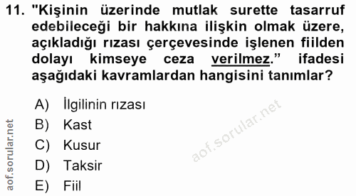 11. soru: "Kişinin üzerinde mutlak surette tasarruf edebileceği bir hakkına ilişkin olmak üzere, açıkladığı rızası çerçevesinde…