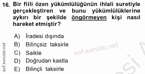 16. soru: Bir fiili özen yükümlülüğünün ihlali suretiyle gerçekleştiren ve bunu yükümlülüklerine aykırı bir şekilde öngörmeyen…