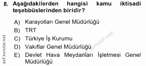 8. soru: Aşağıdakilerden hangisi kamu iktisadi teşebbüslerinden biridir? A) Karayolları Genel Müdürlüğü B) TRT llar.net C) Tür…
