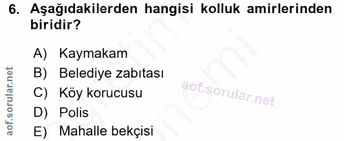 6. soru: Aşağıdakilerden hangisi kolluk amirlerinden biridir? A) Kaymakam B) Belediye zabıtası C) Köy korucusu D) Polis E) Mah…