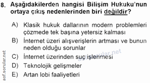 8. soru: Aşağıdakilerden hangisi Bilişim Hukuku'nun ortaya çıkış nedenlerinden biri değildir? A) Klasik hukuk dallarının moder…