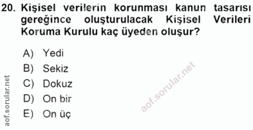 20. soru: Kişisel verilerin korunması kanun tasarısı gereğince oluşturulacak Kişisel Verileri Koruma Kurulu kaç üyeden oluşur?…