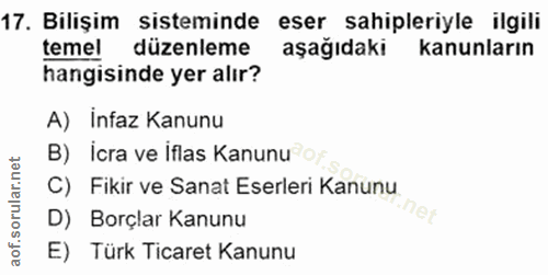 17. soru: Bilişim sisteminde eser sahipleriyle ilgili temel düzenleme aşağıdaki kanunların hangisinde yer alır? A) İnfaz Kanunu…