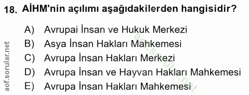 18. soru: AIHM'nin açılımı aşağıdakilerden hangisidir? A) Avrupai Insan ve Hukuk Merkezi Asya İnsan Hakları Mahkemesi C) Avrupa…