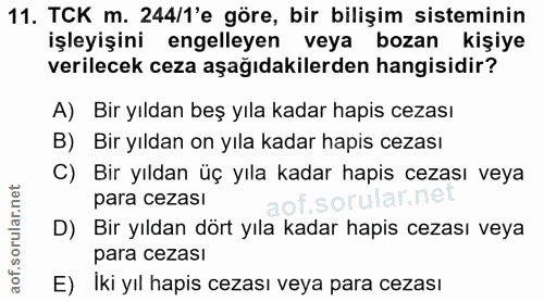 11. soru: TCK m. 244/1'e göre, bir bilişim sisteminin işleyişini engelleyen veya bozan kişiye verilecek ceza aşağıdakilerden ha…