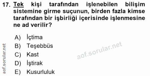 17. soru: Tek kişi tarafindan işlenebilen bilişim sistemine girme suçunun, birden fazla kimse tarafından bir işbirliği içerisin…