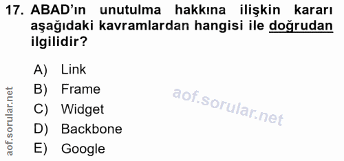 17. soru: ABAD'ın unutulma hakkına ilişkin kararı aşağıdaki kavramlardan hangisi ile doğrudan ilgilidir? A) Link B) Frame C) Wi…